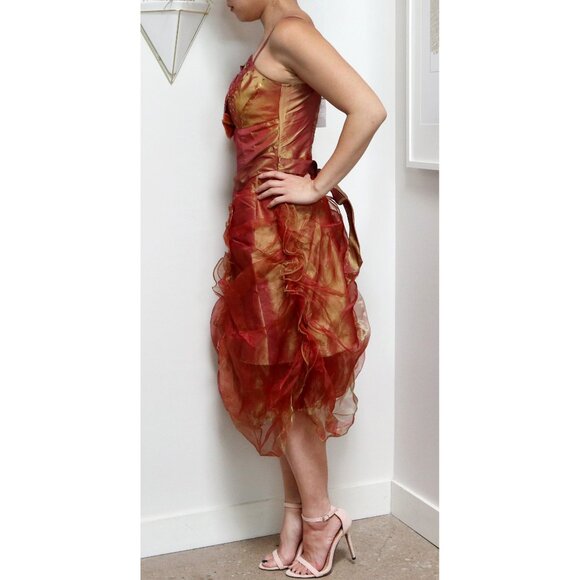 Y2K Two Tone Crimson & Gold Taffeta Prom Dress w/ Rosettes and Ruffles Formal - Picture 3 of 7